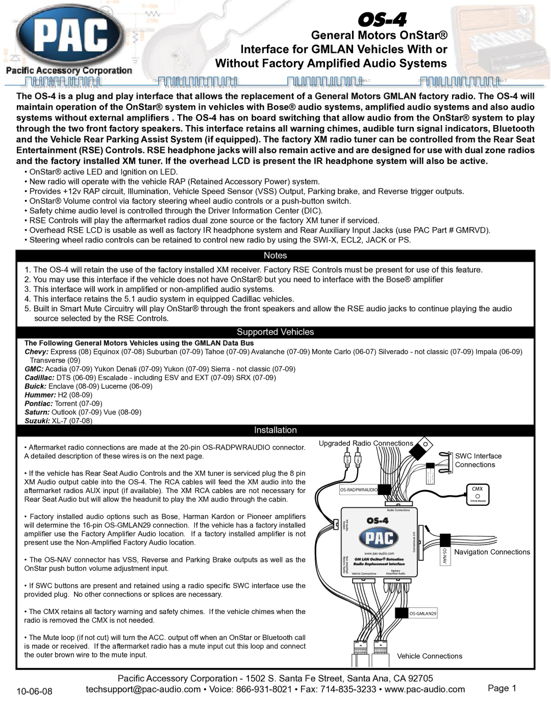 PAC OS-4 manual Supported Vehicles, Installation, Following General Motors Vehicles using the Gmlan Data Bus, Connections 