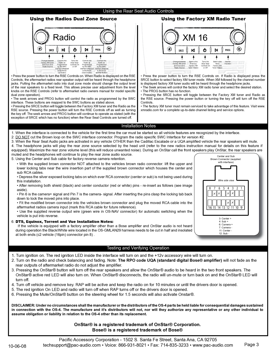 PAC OS-4 manual Using the Rear Seat Audio Controls, Installation Notes, Testing and Verifying Operation 