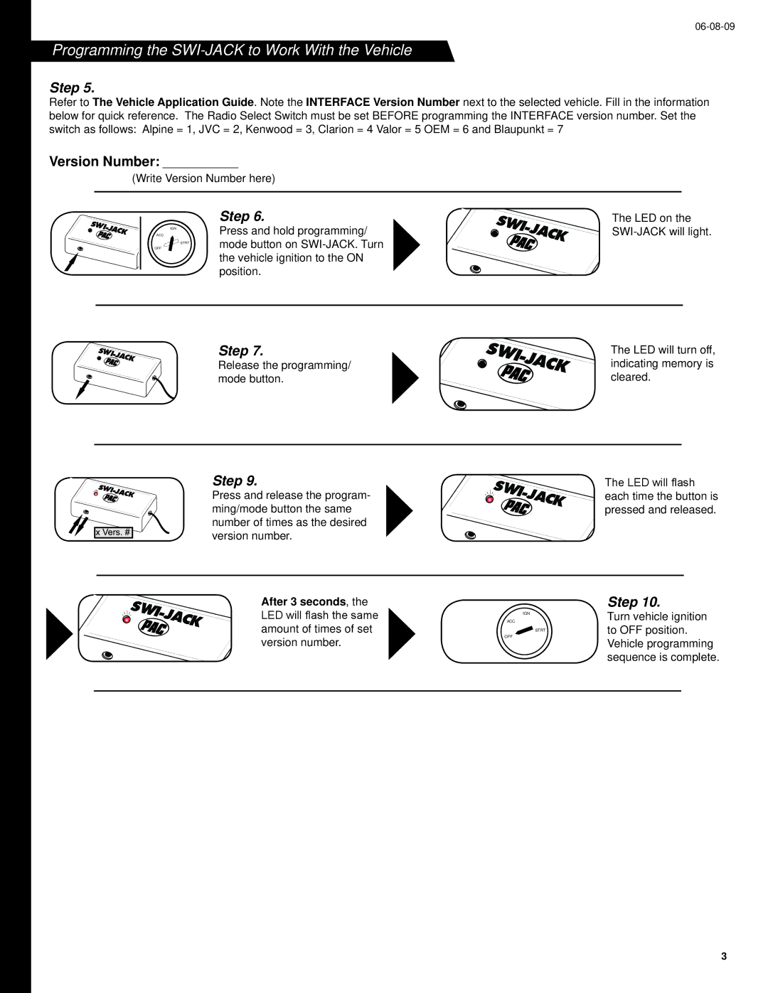 PAC installation instructions Programming the SWI-JACK to Work With the Vehicle, Version Number, After 3 seconds 