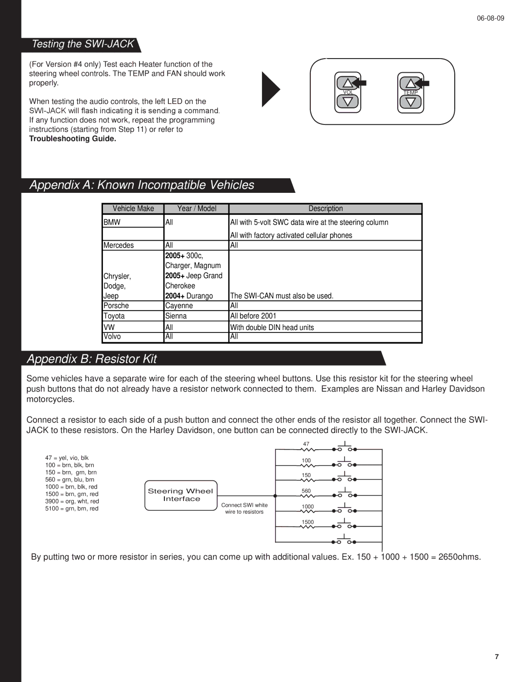 PAC Appendix a Known Incompatible Vehicles, Appendix B Resistor Kit, Testing the SWI-JACK, Troubleshooting Guide 