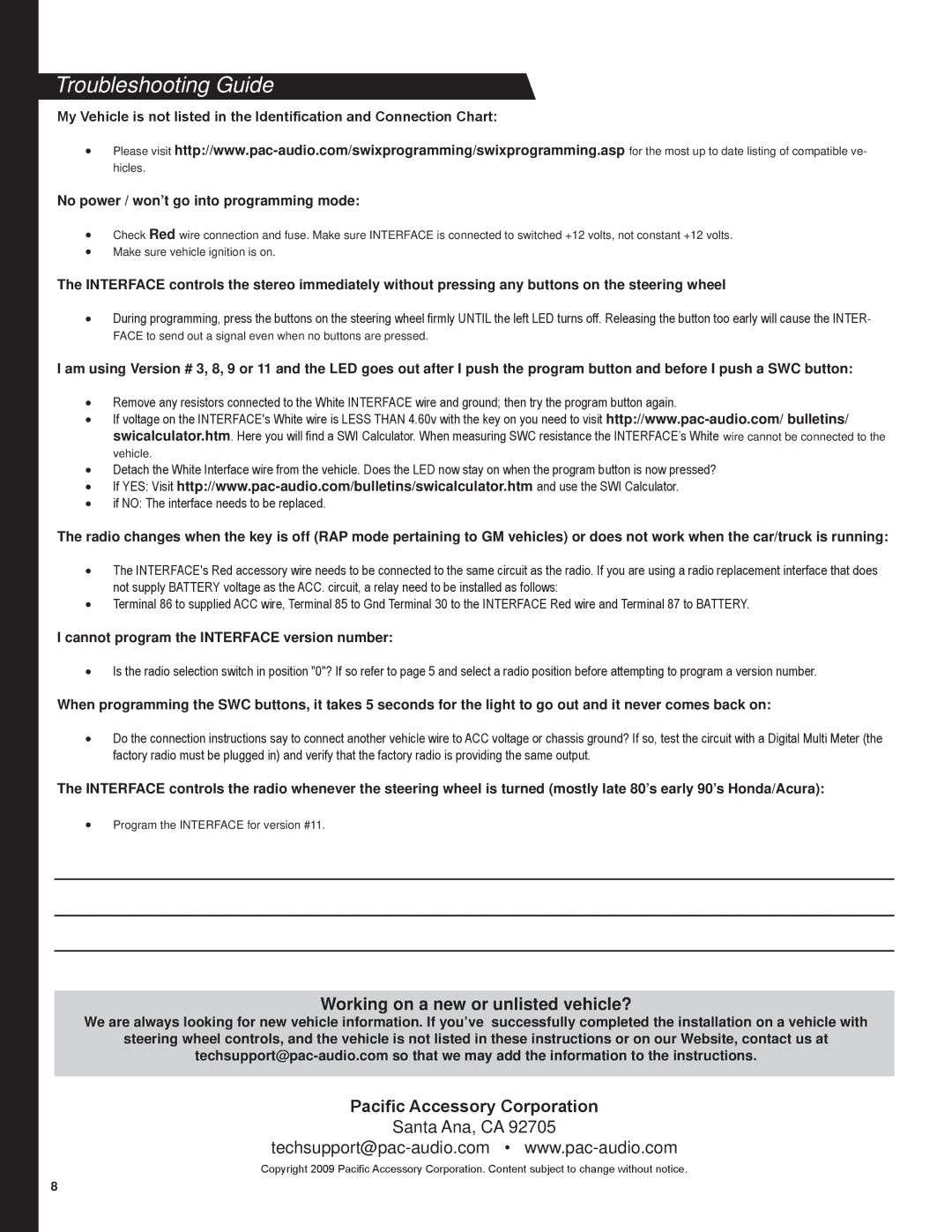 PAC SWI-JACK Troubleshooting Guide, Working on a new or unlisted vehicle?, Pacific Accessory Corporation 