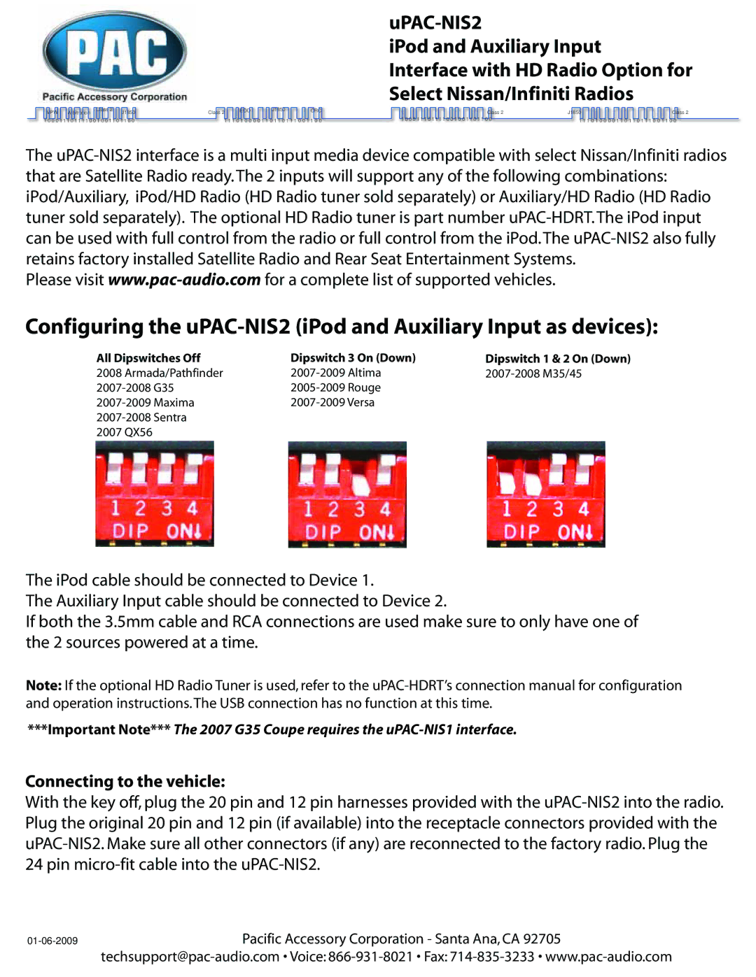 PAC UPAC-NIS2 manual Connecting to the vehicle, All Dipswitches Off Dipswitch 3 On Down 