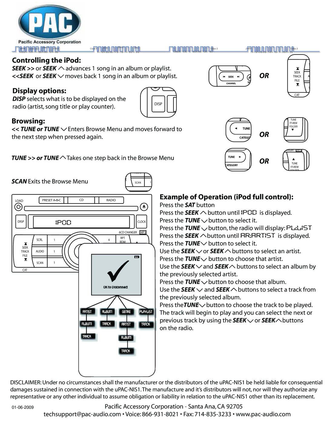 PAC UPAC-NIS2 manual Controlling the iPod, Display options, Browsing, Example of Operation iPod full control 