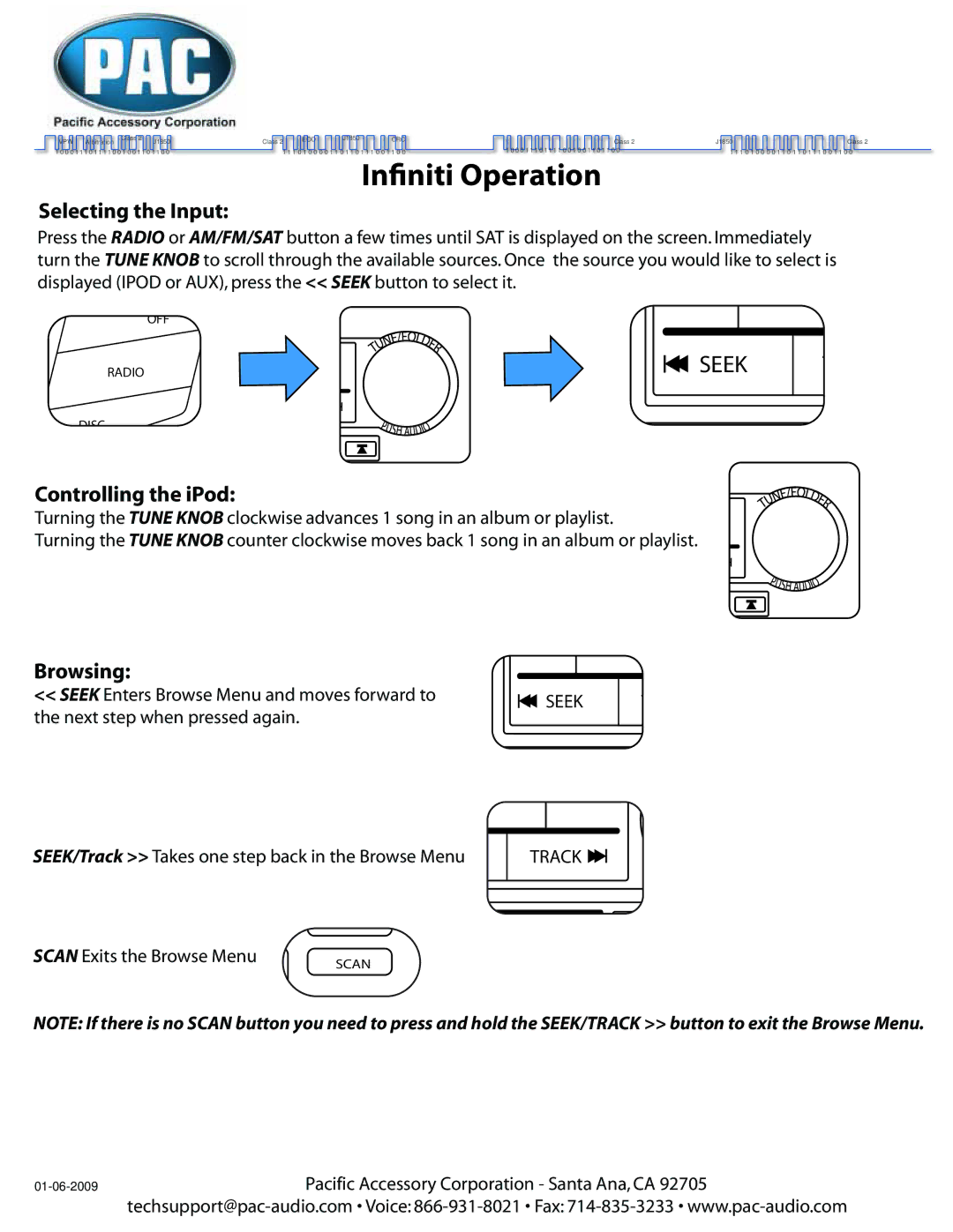 PAC UPAC-NIS2 manual Inniti Operation, Seek Enters Browse Menu and moves forward to, Radio, Scan 