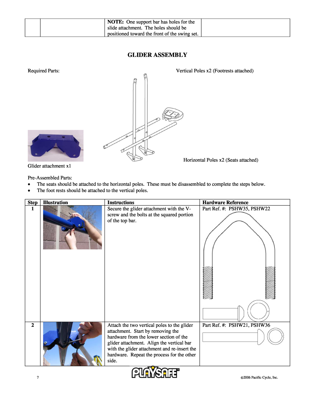 Pacific Cycle 22-PS245 owner manual Glider Assembly, Step Illustration, Instructions, Hardware Reference 