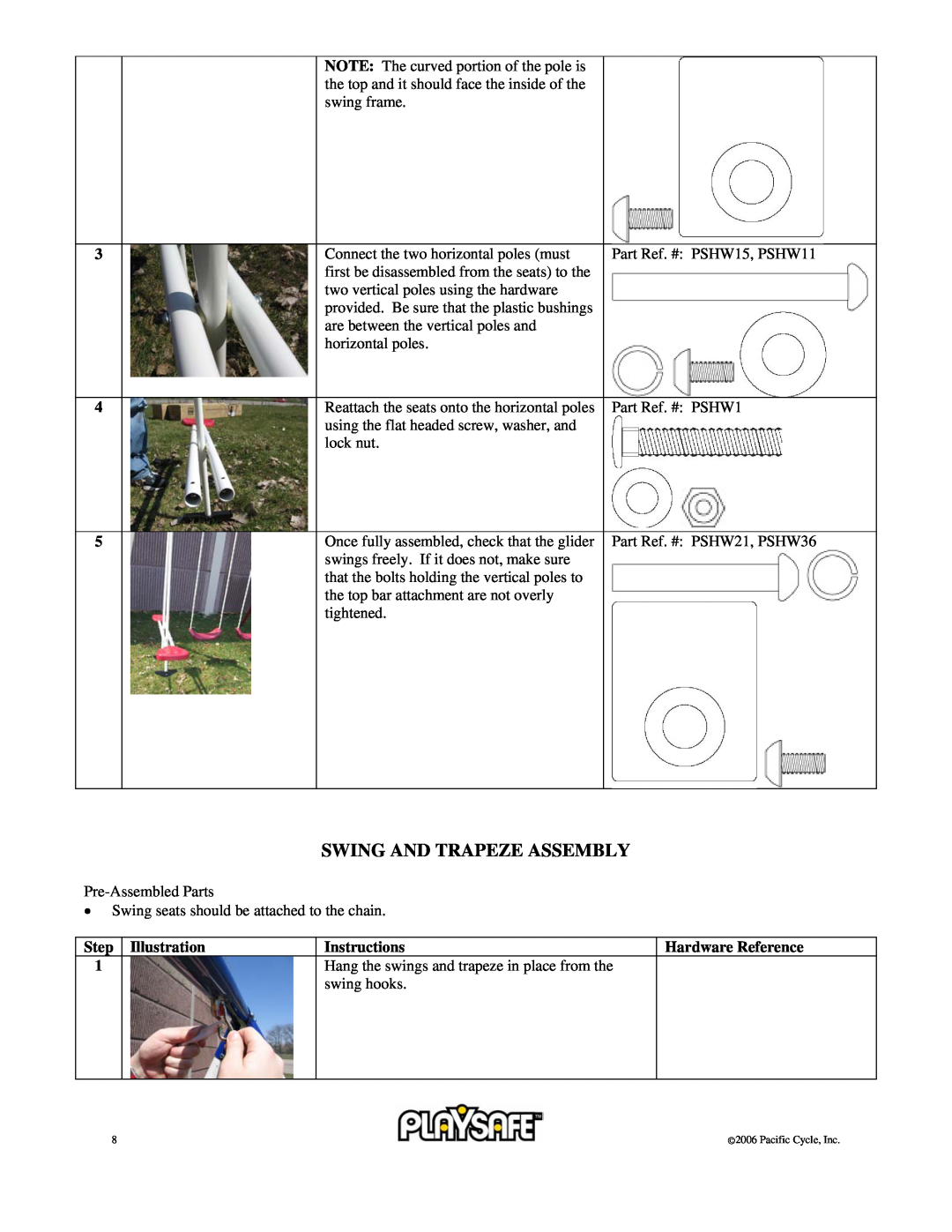 Pacific Cycle 22-PS245 owner manual Swing And Trapeze Assembly, 3 4 5, Step, Illustration, Instructions, Hardware Reference 