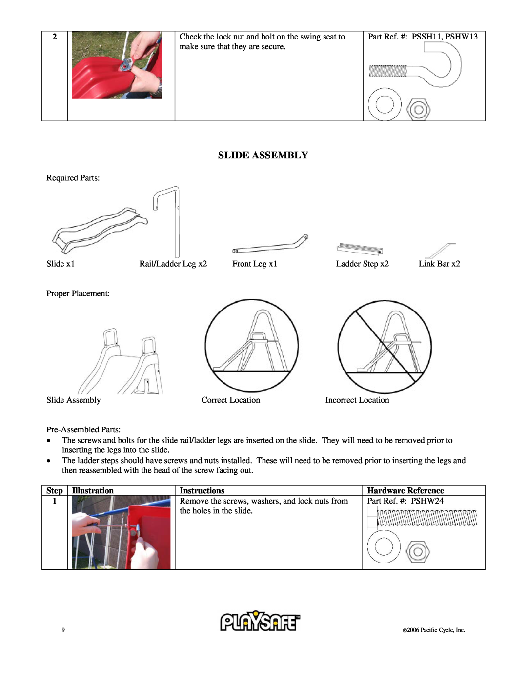 Pacific Cycle 22-PS245 Slide Assembly, Step, Illustration, Instructions, Remove the screws, washers, and lock nuts from 