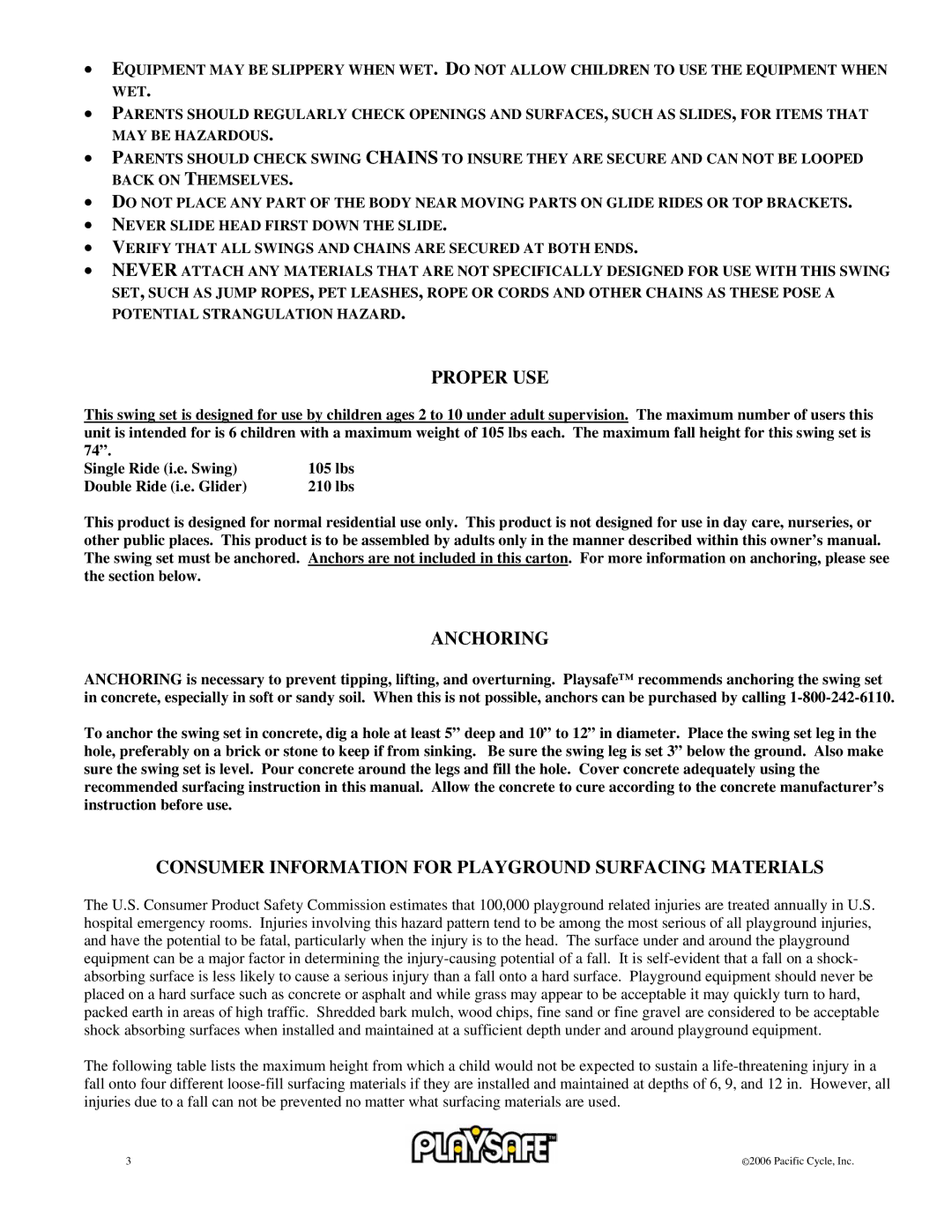 Pacific Cycle 22-PS245 owner manual Proper USE, Anchoring, Consumer Information for Playground Surfacing Materials 