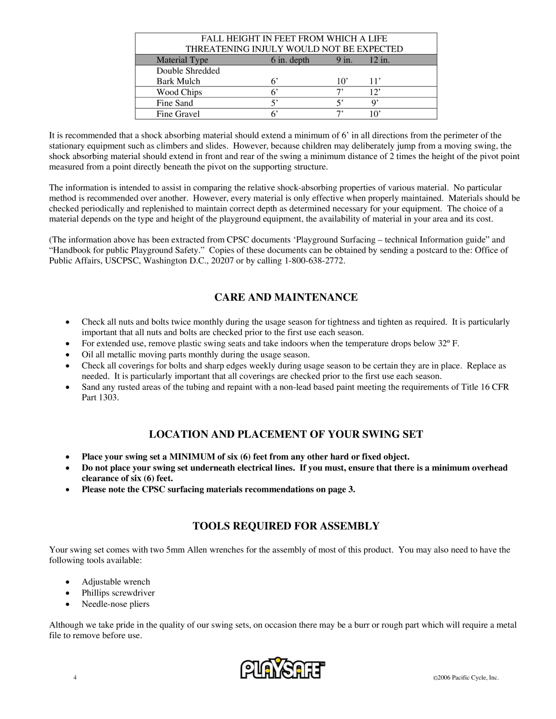 Pacific Cycle 22-PS245 Care and Maintenance, Location and Placement of Your Swing SET, Tools Required for Assembly 