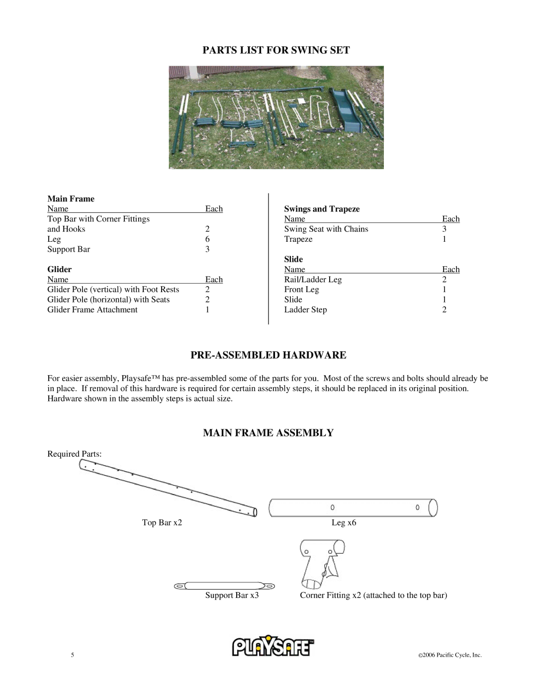 Pacific Cycle 22-PS245 owner manual Parts List for Swing SET, PRE-ASSEMBLED Hardware, Main Frame Assembly 