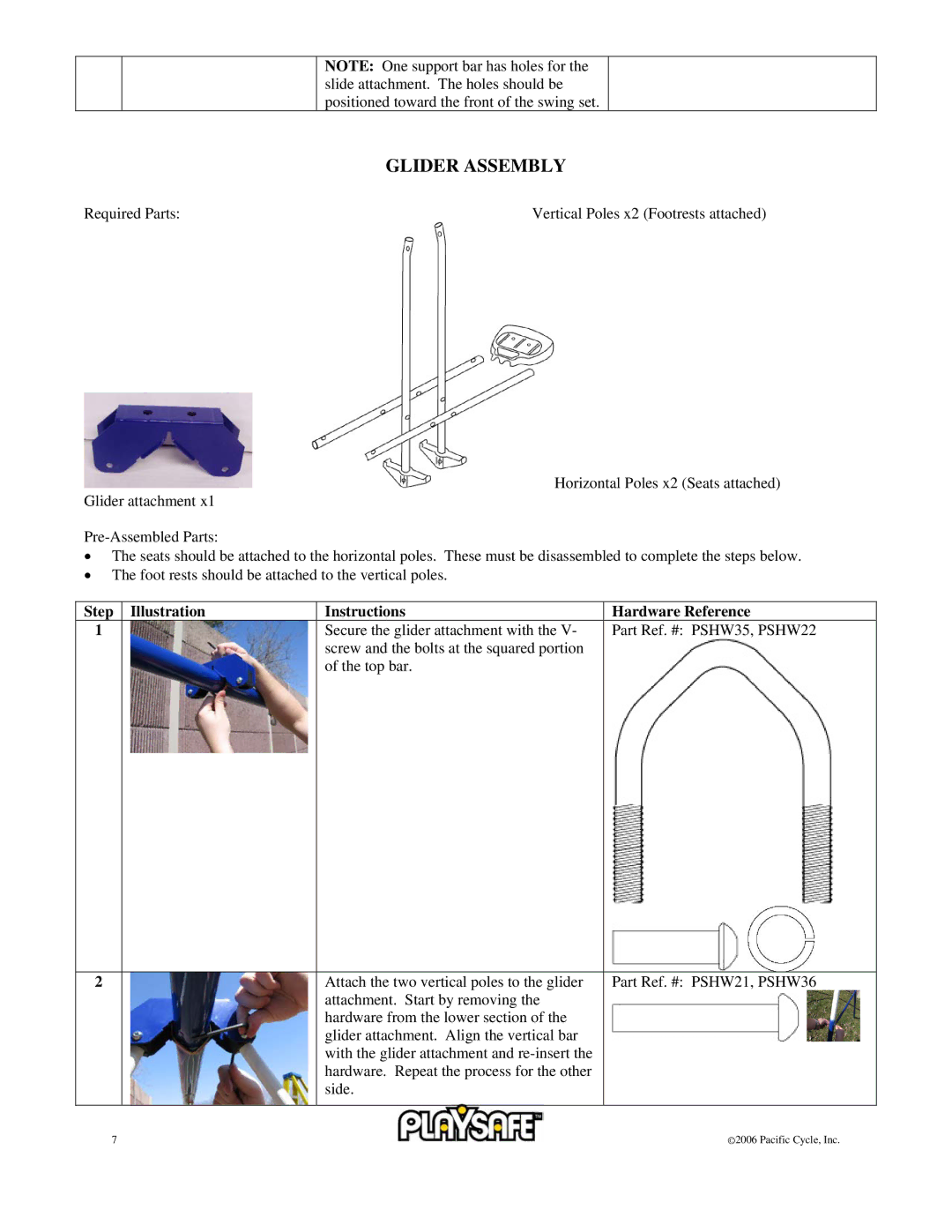 Pacific Cycle 22-PS245 owner manual Glider Assembly, Step Illustration Instructions, Hardware Reference 