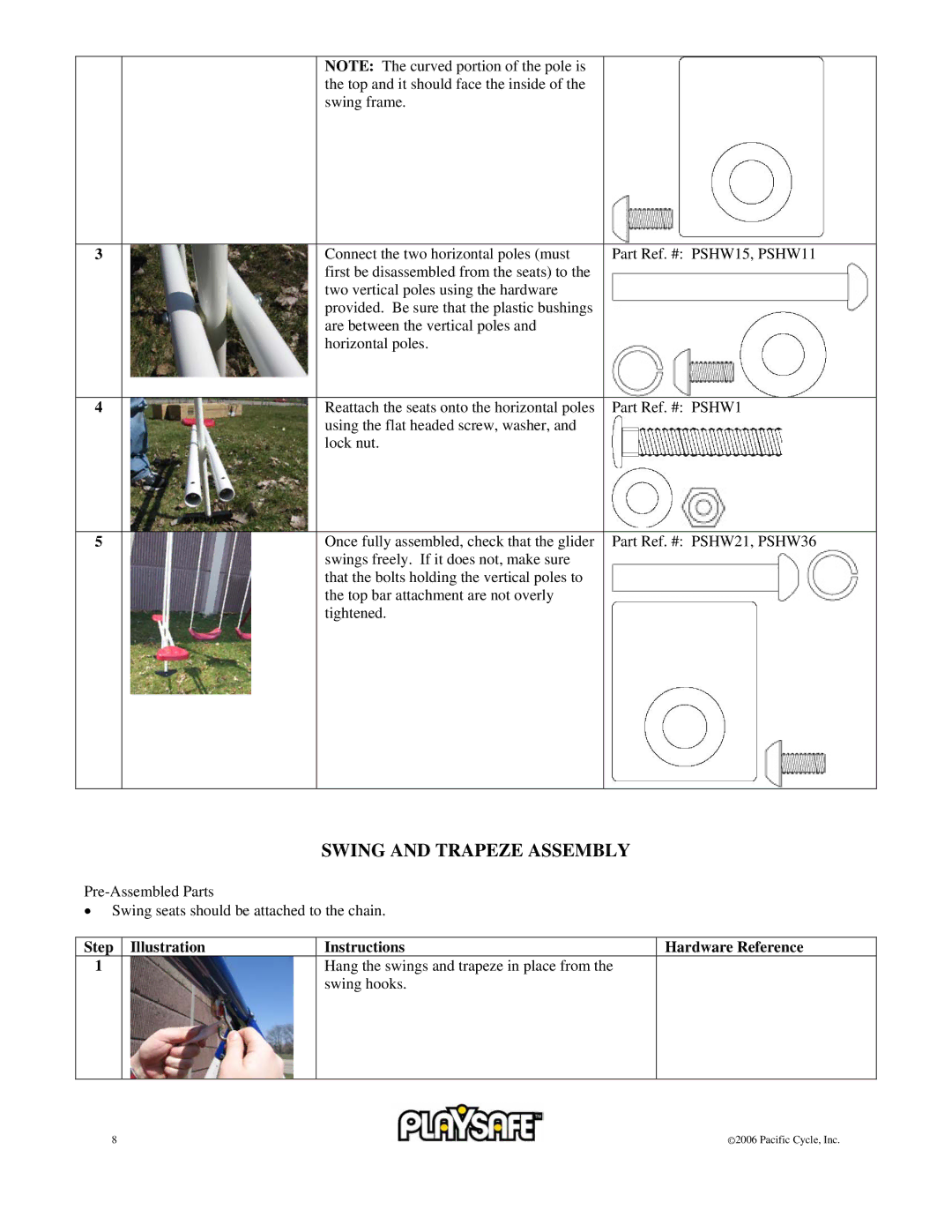 Pacific Cycle 22-PS245 owner manual Swing and Trapeze Assembly 