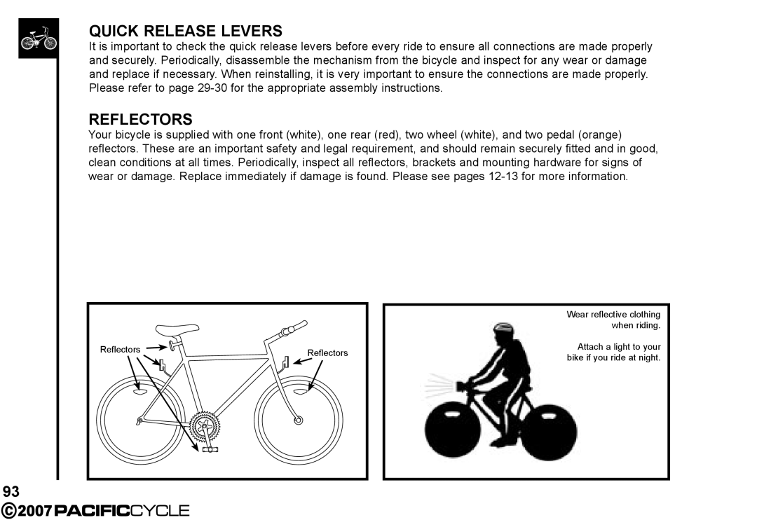 Pacific Cycle HF3305 manual Quick Release Levers, Reflectors 