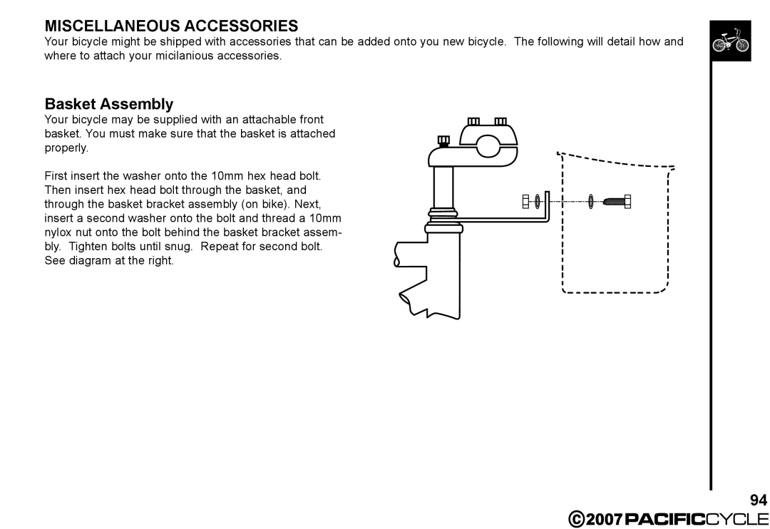 Pacific Cycle HF3305 manual Miscellaneous Accessories, Basket Assembly 