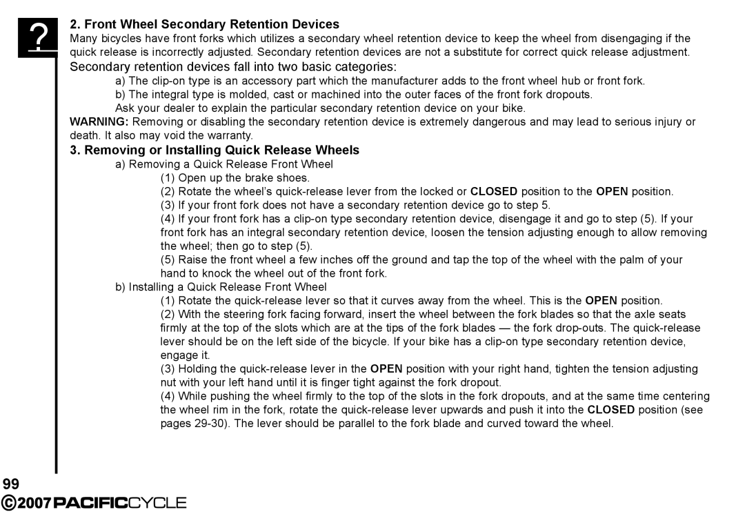 Pacific Cycle HF3305 manual Front Wheel Secondary Retention Devices 