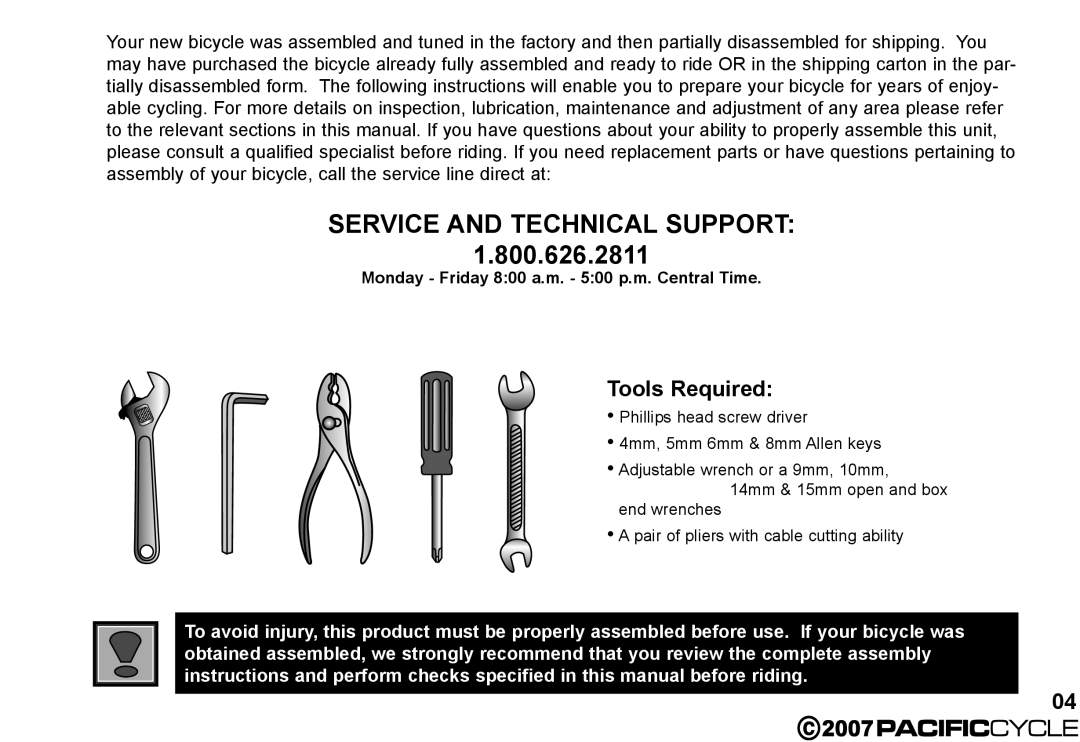 Pacific Cycle HF3305 manual Tools Required, Monday Friday 800 a.m. 500 p.m. Central Time 