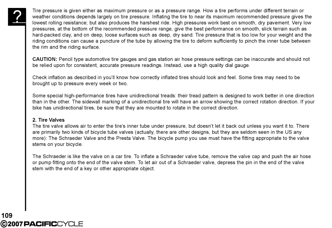 Pacific Cycle HF3305 manual 109, Tire Valves 
