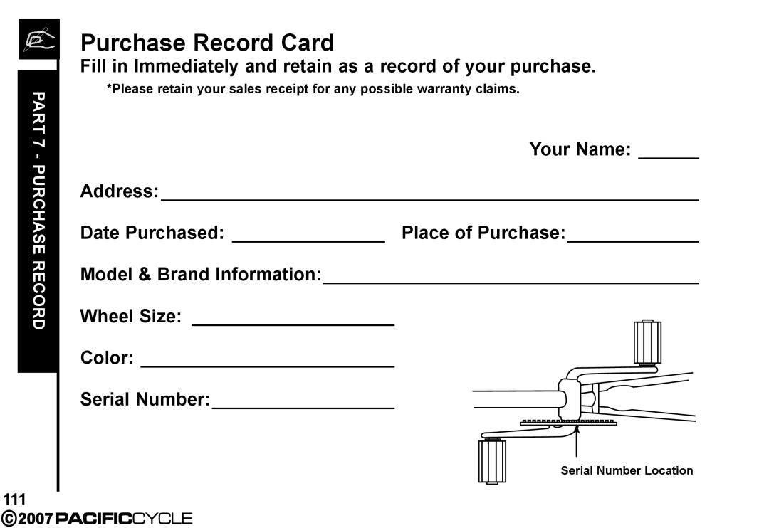 Pacific Cycle HF3305 manual 111, Serial Number Location 