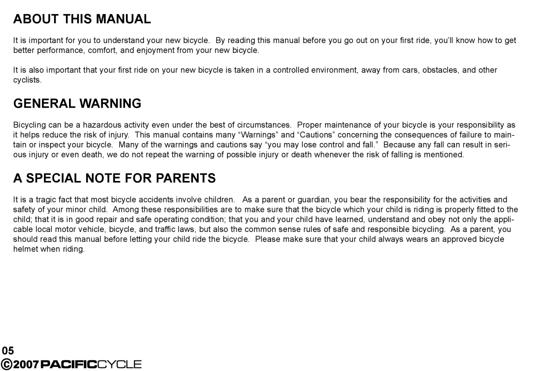 Pacific Cycle HF3305 manual About this Manual 