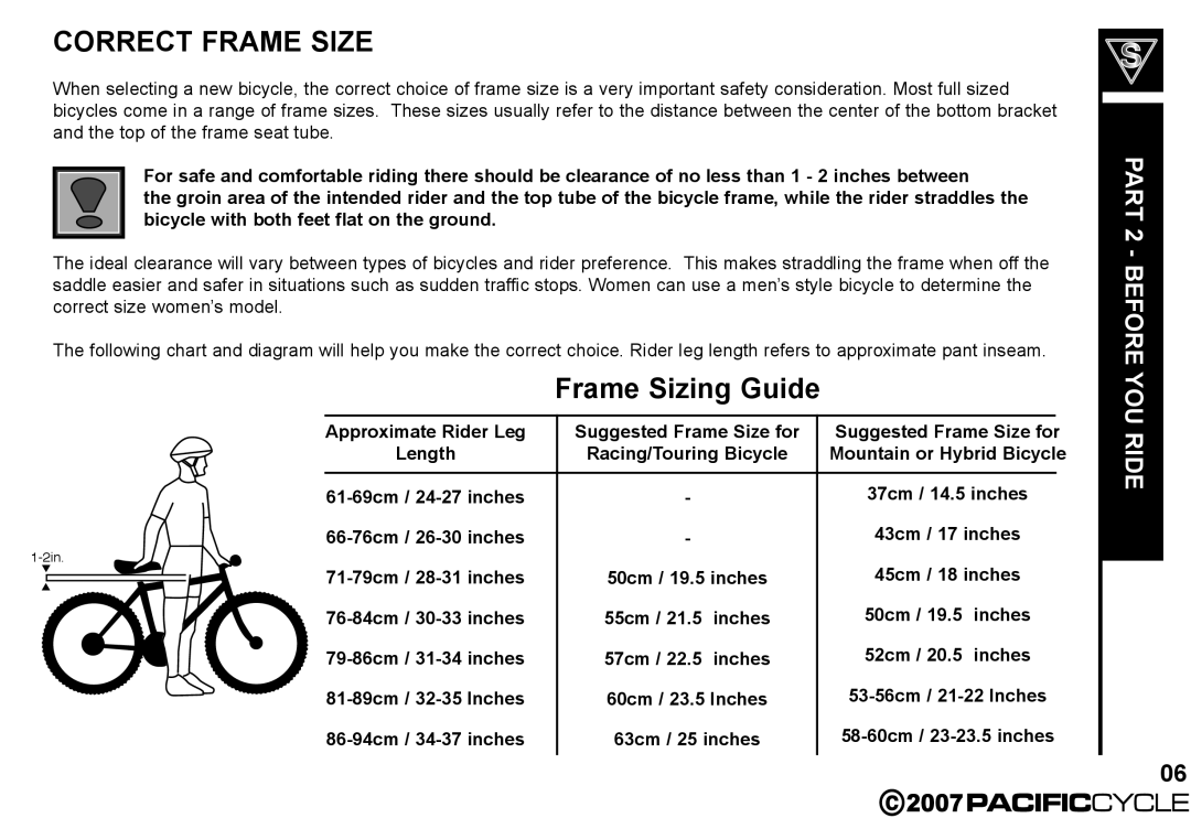 Pacific Cycle HF3305 manual Correct Frame Size 