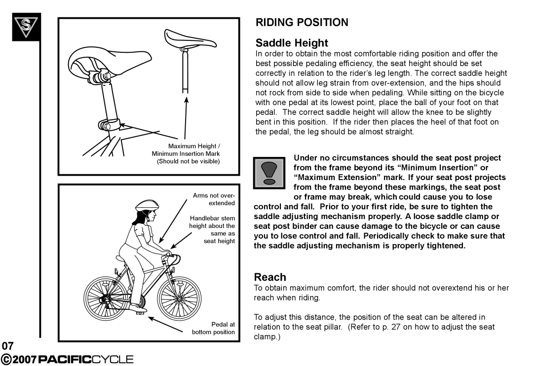 Pacific Cycle HF3305 manual Riding Position, Saddle Height, Reach 