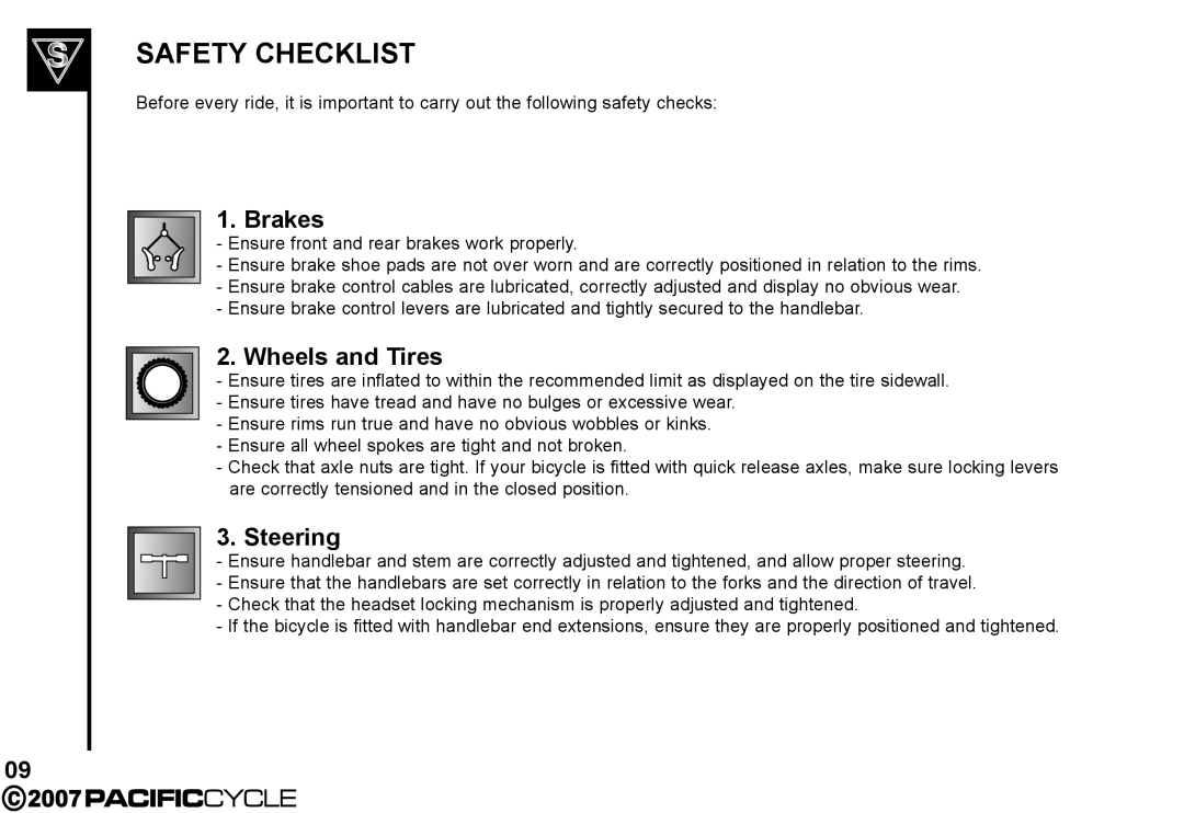 Pacific Cycle HF3305 manual Brakes, Wheels and Tires, Steering 