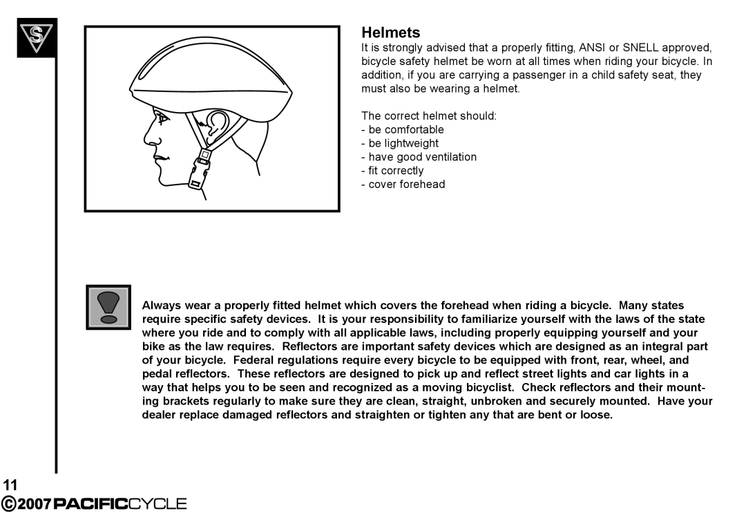 Pacific Cycle HF3305 manual Helmets 