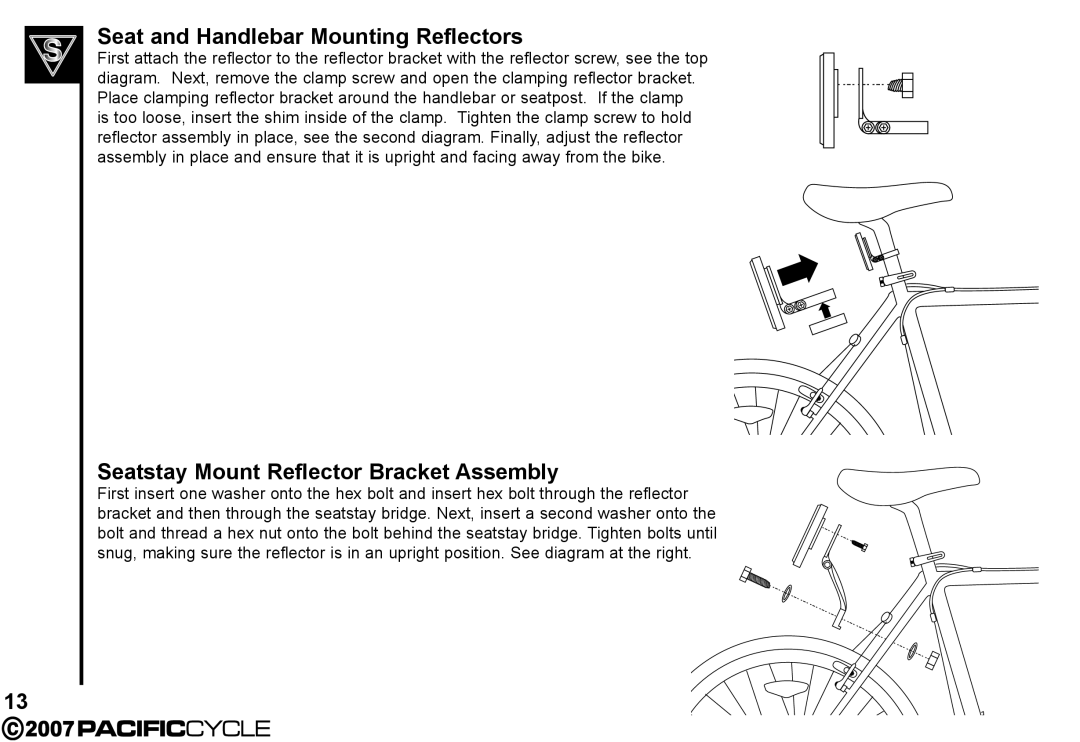 Pacific Cycle HF3305 manual Seat and Handlebar Mounting Reflectors, Seatstay Mount Reflector Bracket Assembly 