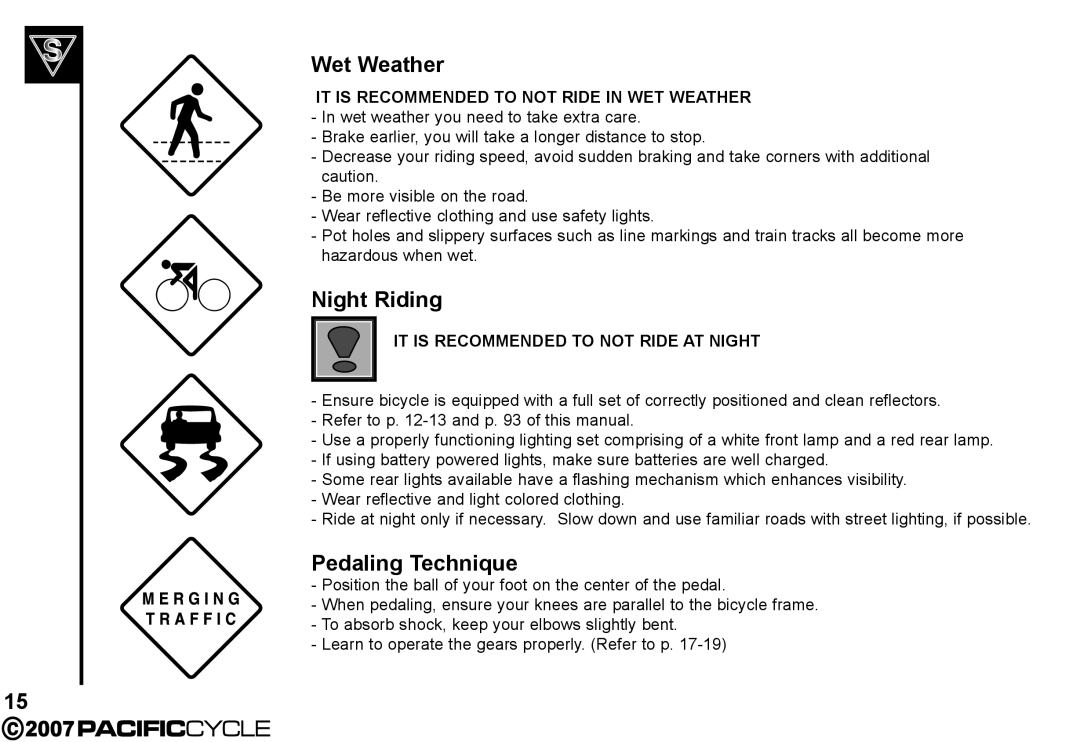 Pacific Cycle HF3305 manual Wet Weather, Night Riding, Pedaling Technique 