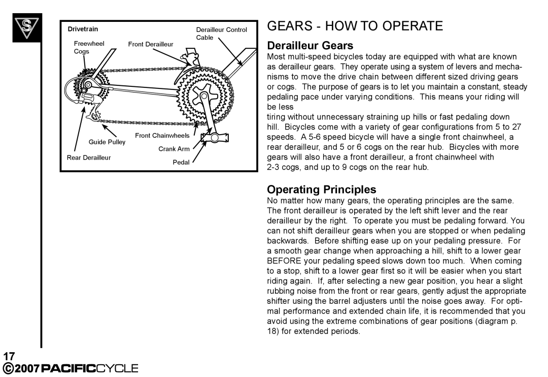 Pacific Cycle HF3305 manual Derailleur Gears, Operating Principles 