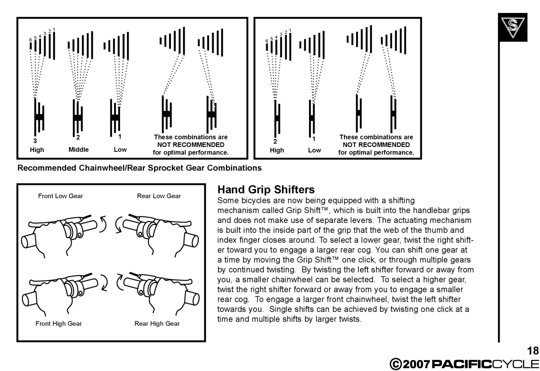 Pacific Cycle HF3305 manual Hand Grip Shifters, Recommended Chainwheel/Rear Sprocket Gear Combinations 