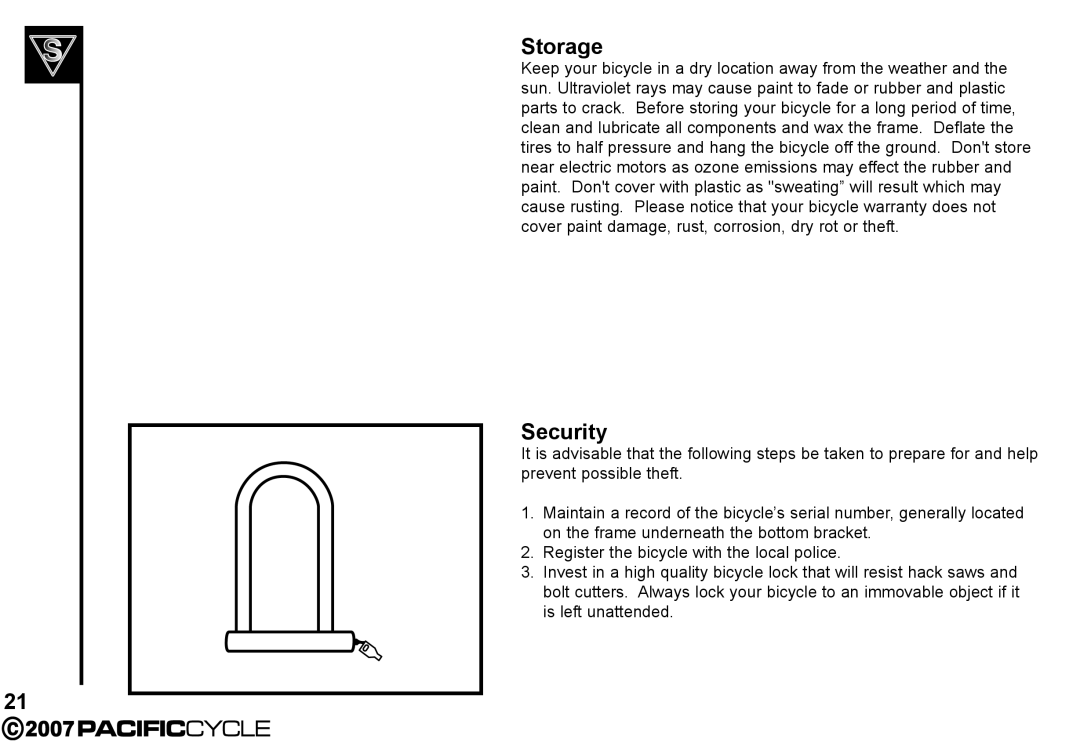 Pacific Cycle HF3305 manual Storage, Security 