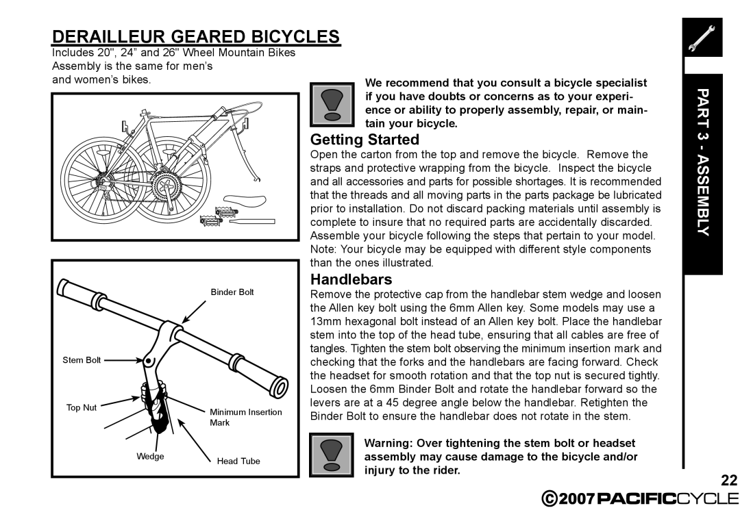 Pacific Cycle HF3305 manual Getting Started, Handlebars 