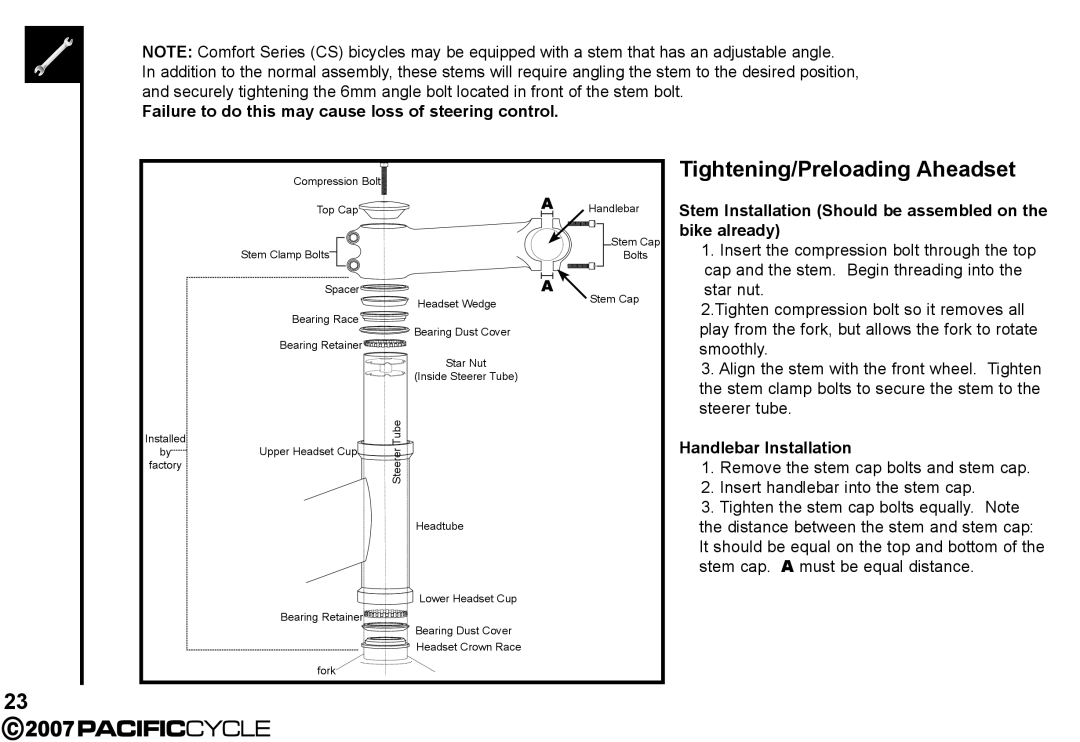 Pacific Cycle HF3305 manual Tightening/Preloading Aheadset, Failure to do this may cause loss of steering control 