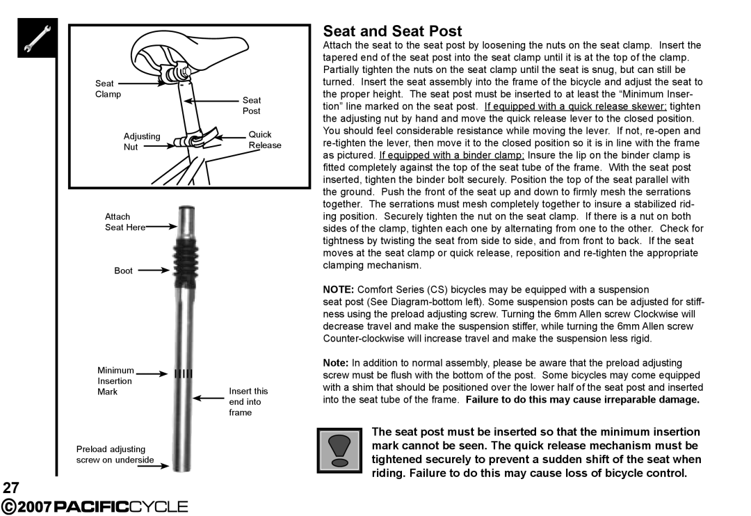 Pacific Cycle HF3305 manual Seat and Seat Post 