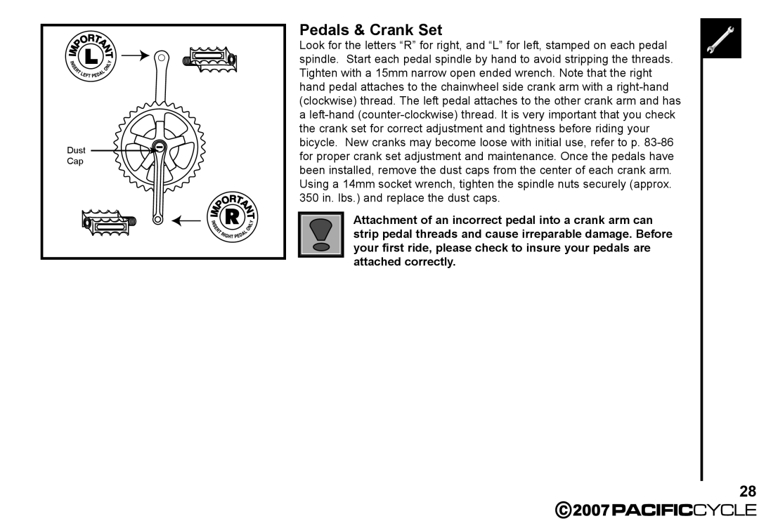 Pacific Cycle HF3305 manual Pedals & Crank Set 