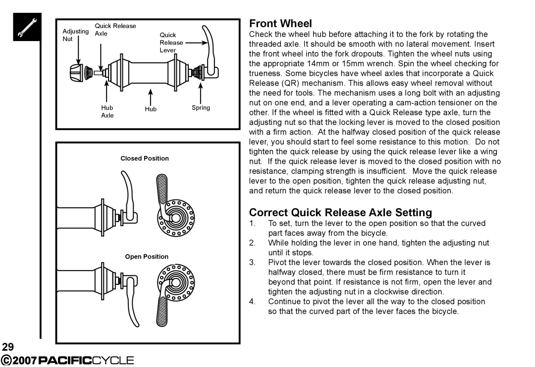 Pacific Cycle HF3305 manual Front Wheel, Correct Quick Release Axle Setting 