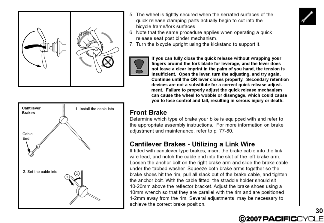 Pacific Cycle HF3305 manual Front Brake, Cantilever Brakes Utilizing a Link Wire 