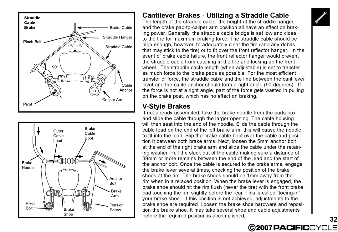 Pacific Cycle HF3305 manual Cantilever Brakes Utilizing a Straddle Cable, Style Brakes 