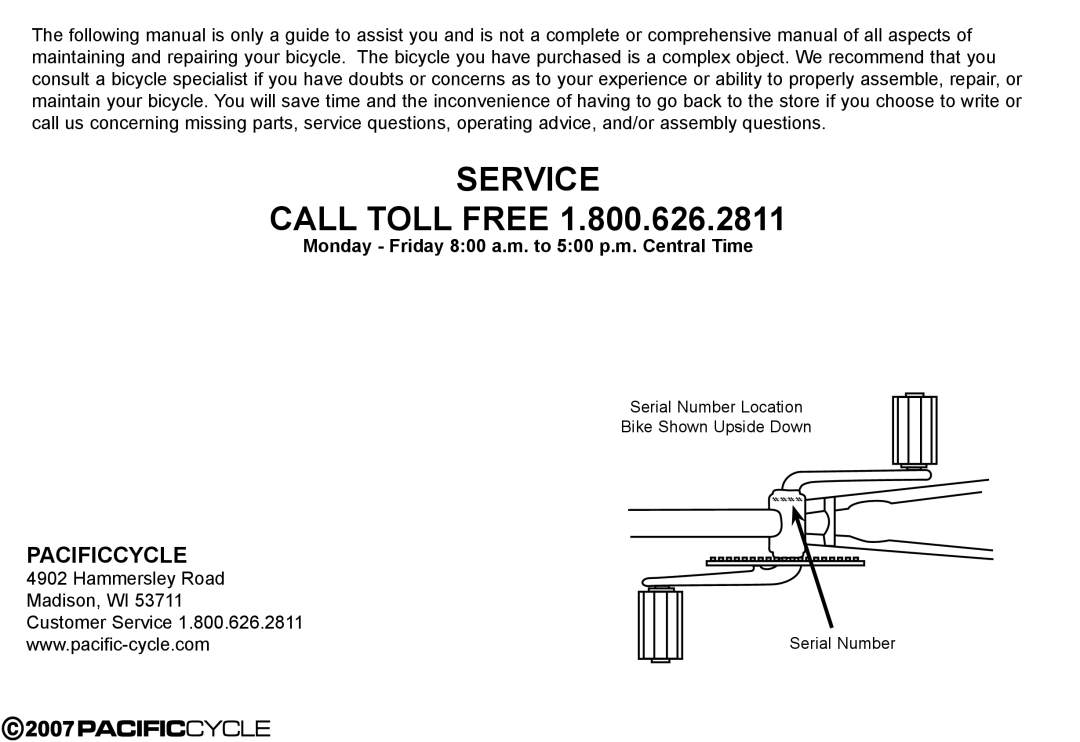 Pacific Cycle HF3305 manual Service, Pacificcycle 