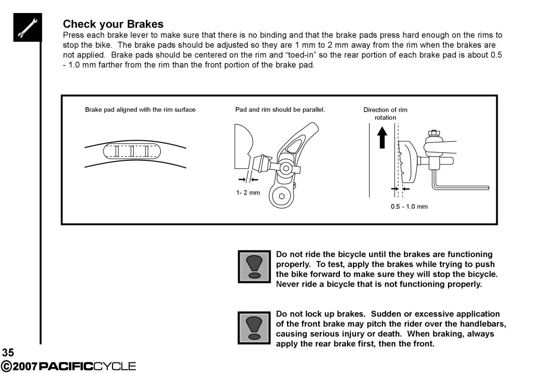 Pacific Cycle HF3305 manual Check your Brakes 