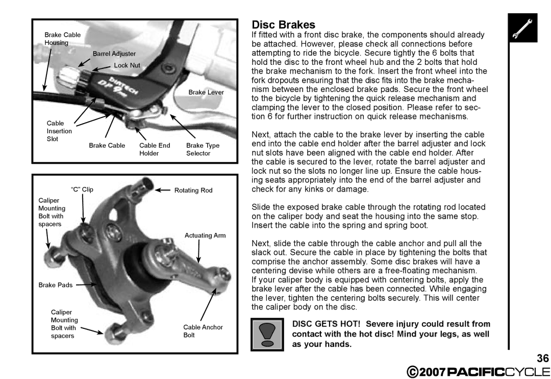 Pacific Cycle HF3305 manual Disc Brakes 