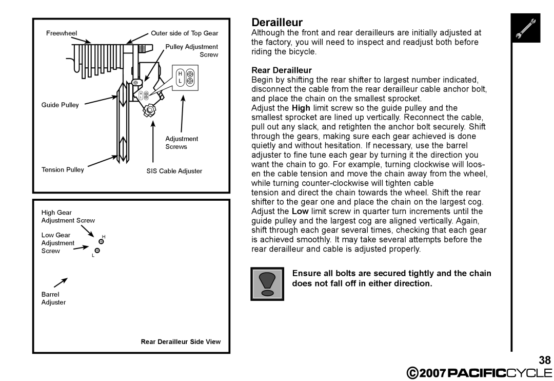 Pacific Cycle HF3305 manual Rear Derailleur 