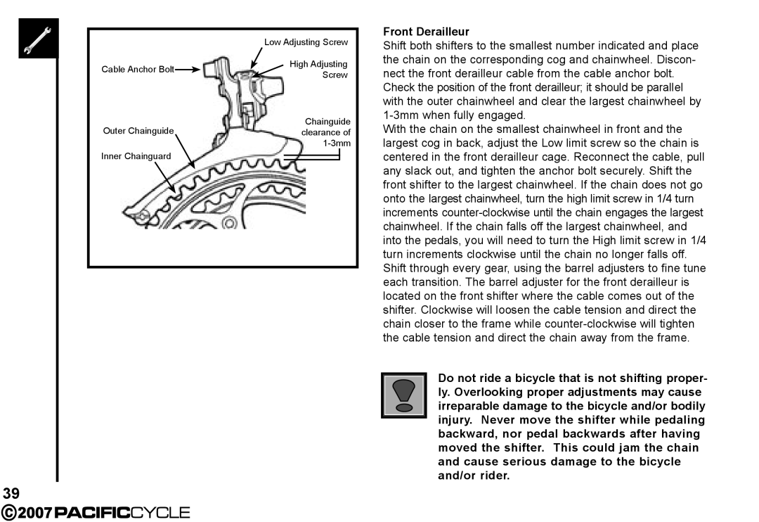 Pacific Cycle HF3305 manual Front Derailleur 