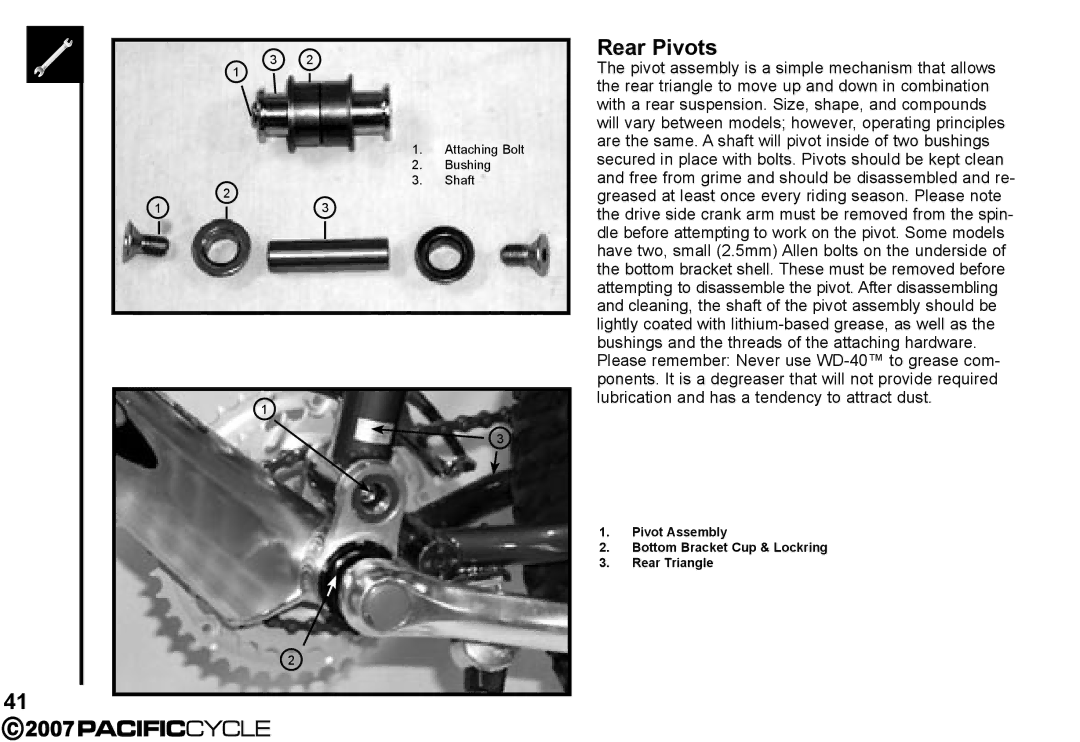 Pacific Cycle HF3305 manual Rear Pivots 