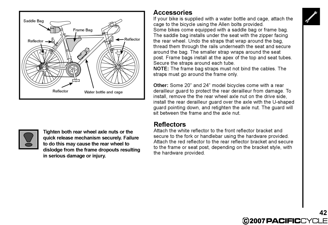 Pacific Cycle HF3305 manual Saddle Bag Frame Bag Reflector 