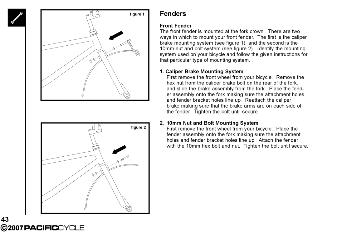 Pacific Cycle HF3305 manual Fenders, Front Fender, Caliper Brake Mounting System, 10mm Nut and Bolt Mounting System 