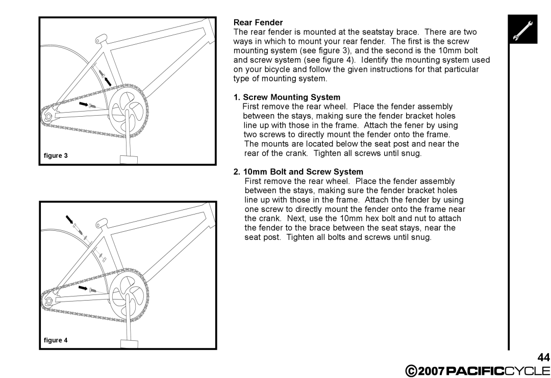 Pacific Cycle HF3305 manual Rear Fender, Screw Mounting System, 10mm Bolt and Screw System 