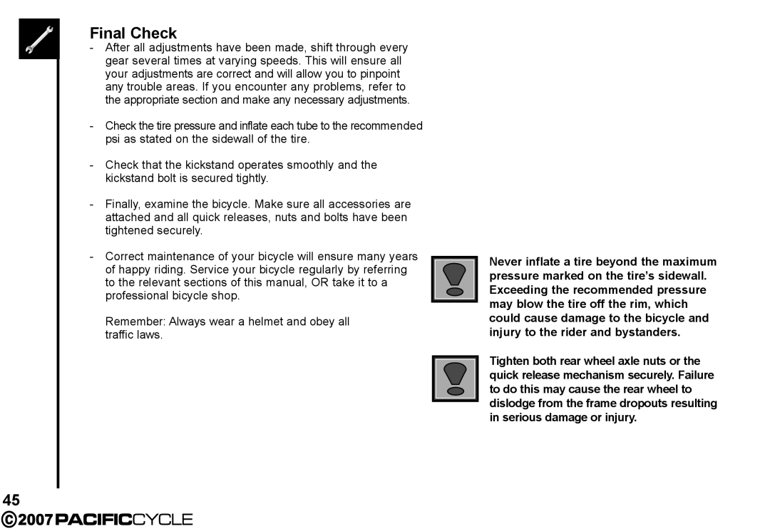 Pacific Cycle HF3305 manual Final Check 