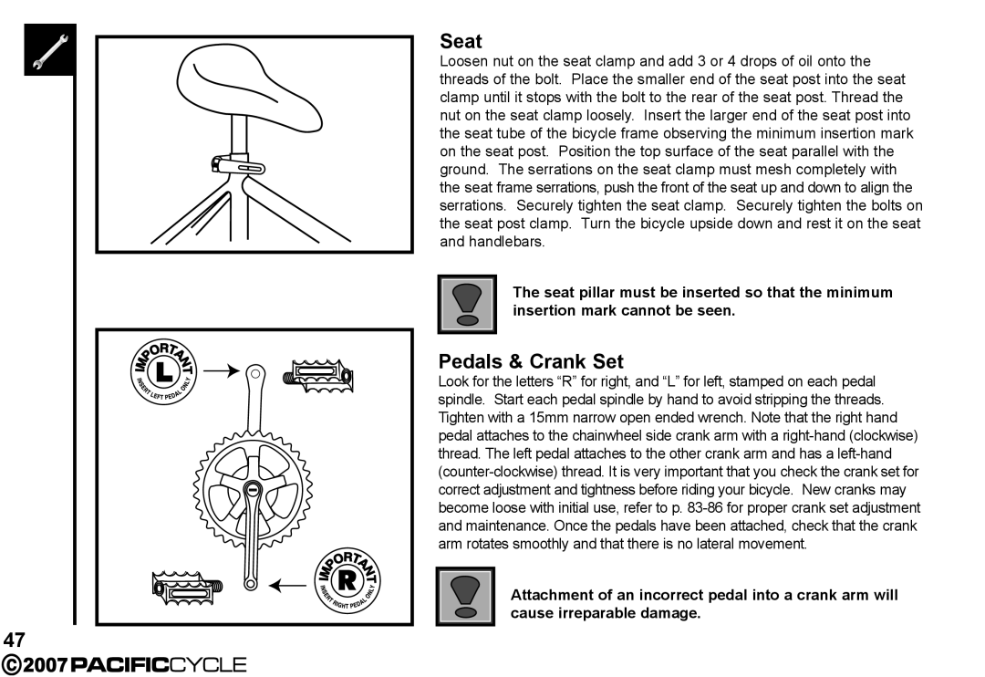 Pacific Cycle HF3305 manual Seat, Pedals & Crank Set 